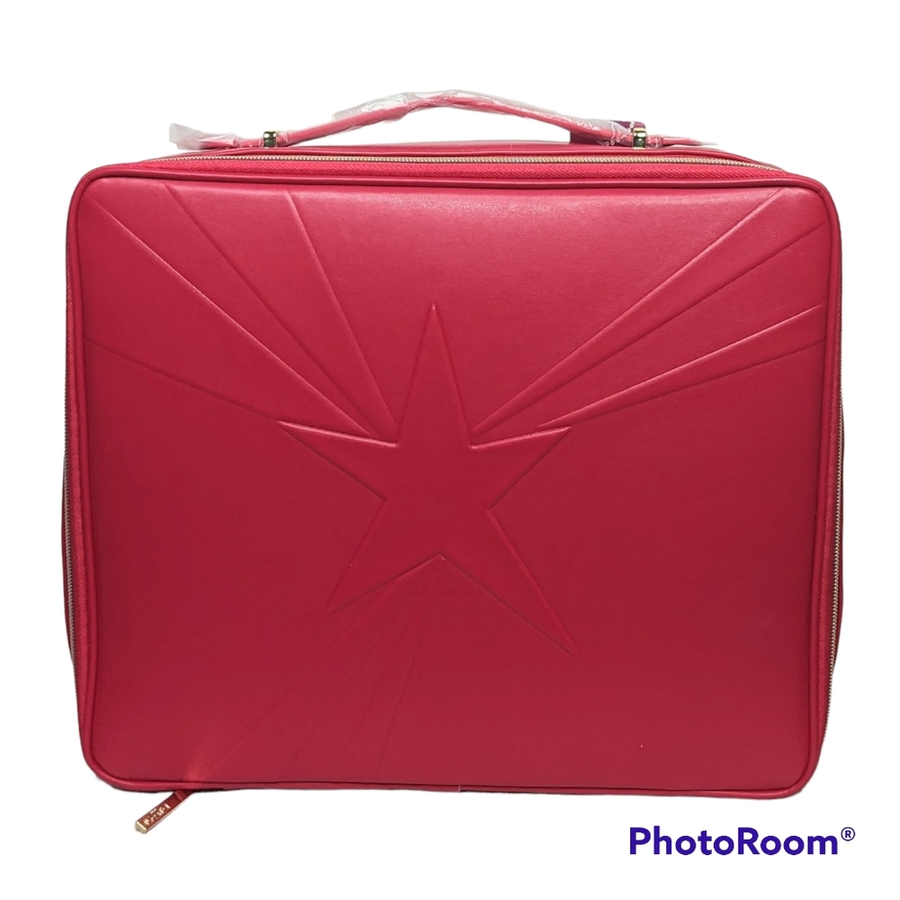 Lancome Train Case Red Faux Leather Cosmetic Makeup Travel Bag With Top Handle